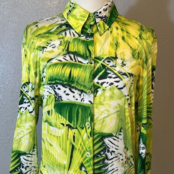 Escada tropical Vibrant Green Patterned long sleeve midi dress size 40 Medium - Picture 3 of 10
